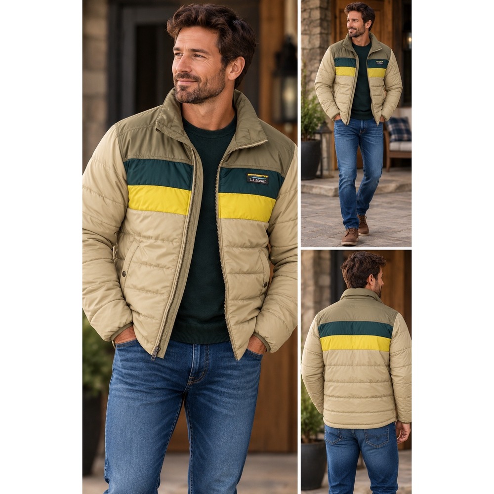 LL Bean Mens Mountain Classic Puffer Jacket Dark Mushroom Green Yellow M 512406